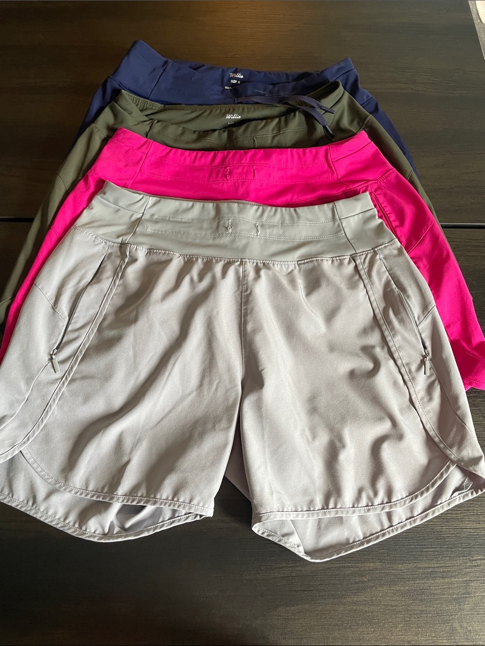 4 Pair of Women’s Athletic Shorts Light Gray, Hot Pink, Army Green, Navy Blue